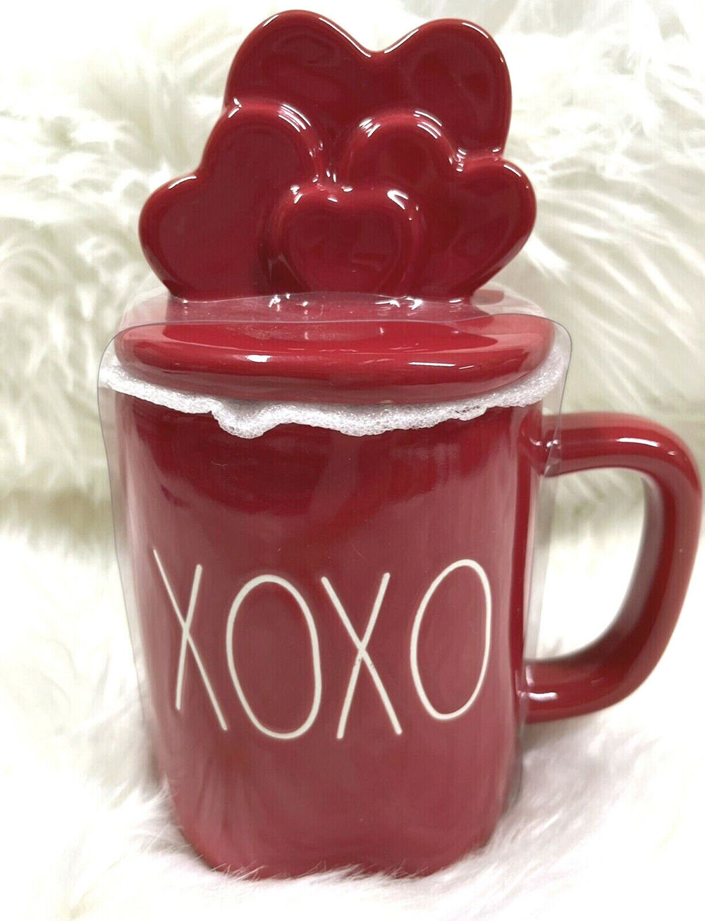 Rae Dunn Valentine Mug Topper Set XOXO Love Red White XL 16oz Coffee Cup 2Pc New